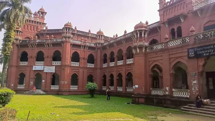 The red-brick arches and turrets of Curzon Hall at Dhaka University