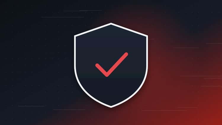 A dark shield with a red check mark on a dark background