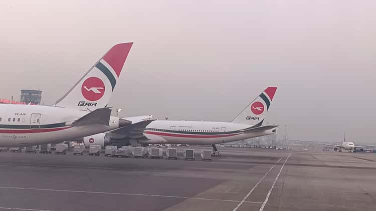 Two Biman Bangladesh Airlines jets on the apron at Hazrat Shahjalal International Airport in Dhaka